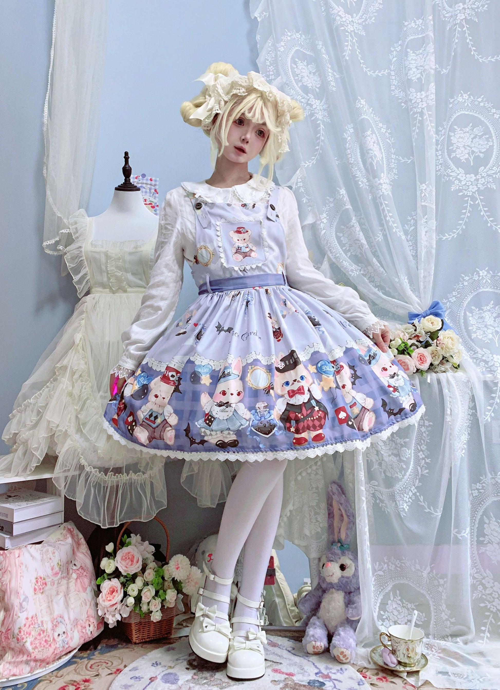 Night Never Sleeps - Bunny Meow Bear - Kawaii Lolita Salopette Bear Print Dress