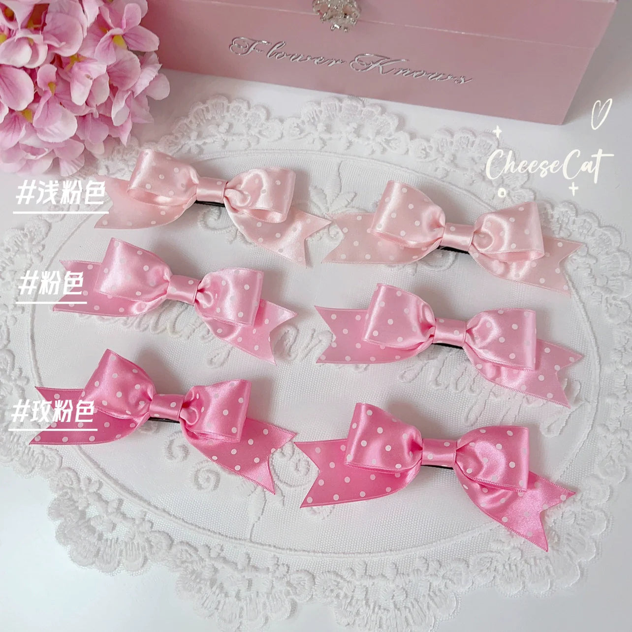 Cheese Cat - Kawaii Lolita Hair Clip Polka Dot Ribbon Bow Clips
