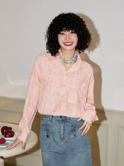 Butterfly print loose long sleeve shirt【s0000006553】