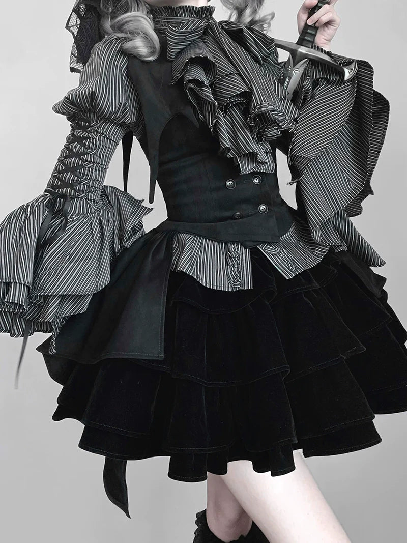 FlowerFairyDaily - Gothic Lolita Striped Shirt With Alternative NeckTie/Jabot
