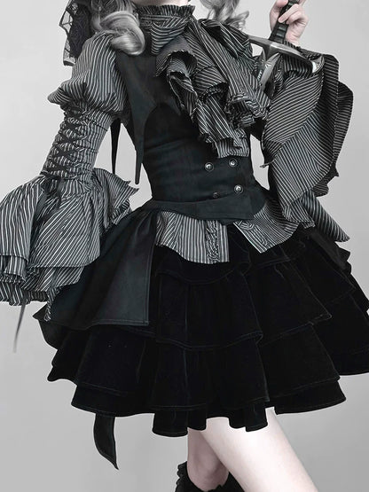 FlowerFairyDaily - Gothic Lolita Striped Shirt With Alternative NeckTie/Jabot