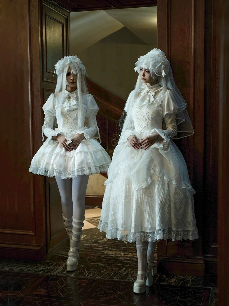 With PUJI - Fallen Heaven - White Gothic Lolita OP Set, Double Layered Skirt