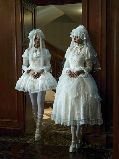 With PUJI - Fallen Heaven - White Gothic Lolita OP Set, Double Layered Skirt