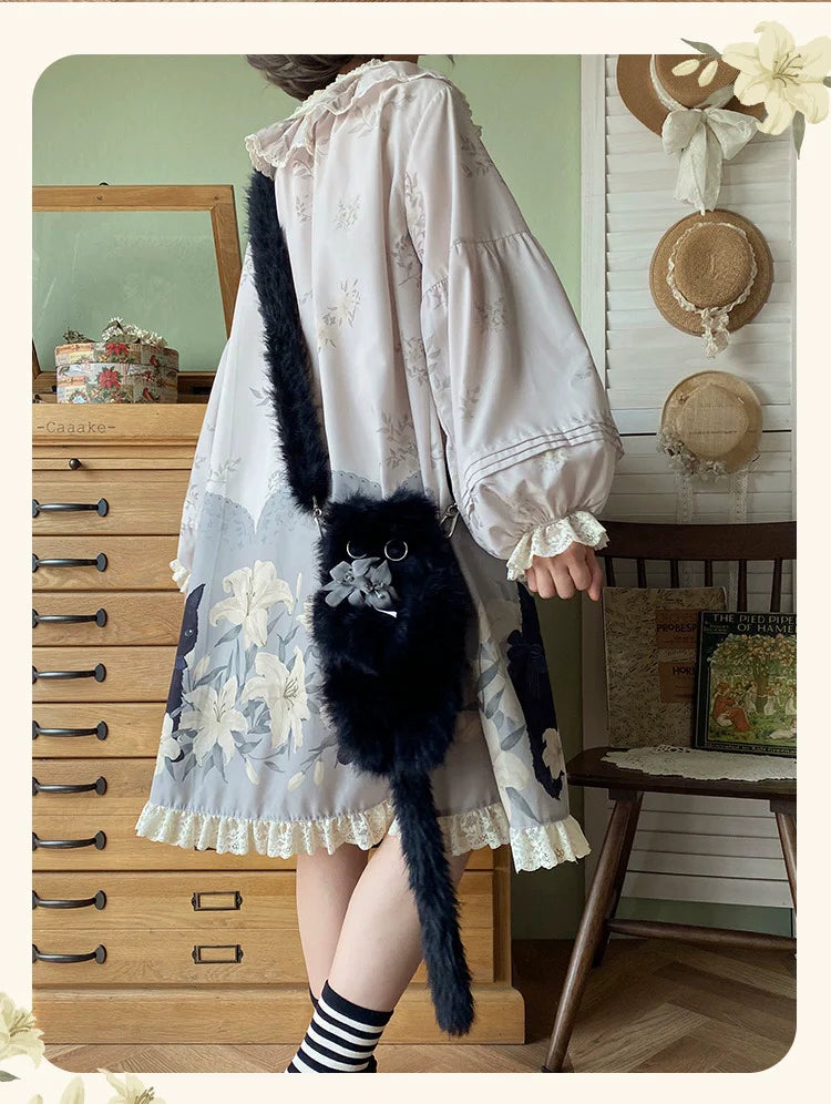 Akiyama Future Studio - Black Cat and Lily - Loose Kawaii Lolita OP Dress with Vest and Hat