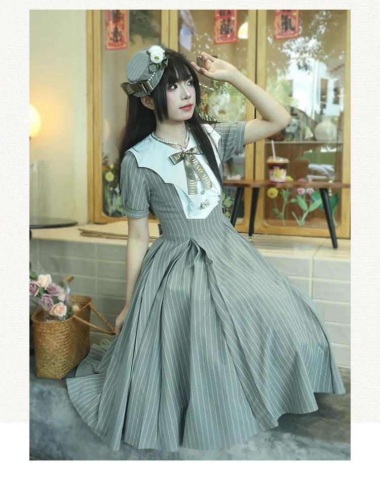 Forest Fluorescent Carps - The Rain of London - Elegant Lolita OP Dress, Bat Wing-Shaped Neckline