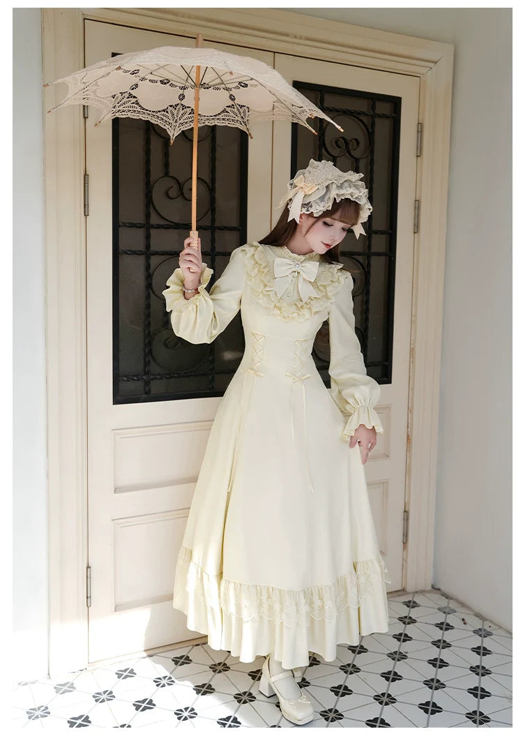 With PUJI - White Daylight - Elegant Lolita Long Sleeve OP Dress, Side Zipper