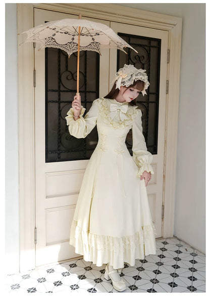 With PUJI - White Daylight - Elegant Lolita Long Sleeve OP Dress, Side Zipper