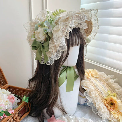 With PUJI - Floral Language - Country Lolita Lace Bow Flat Cap Straw Hat