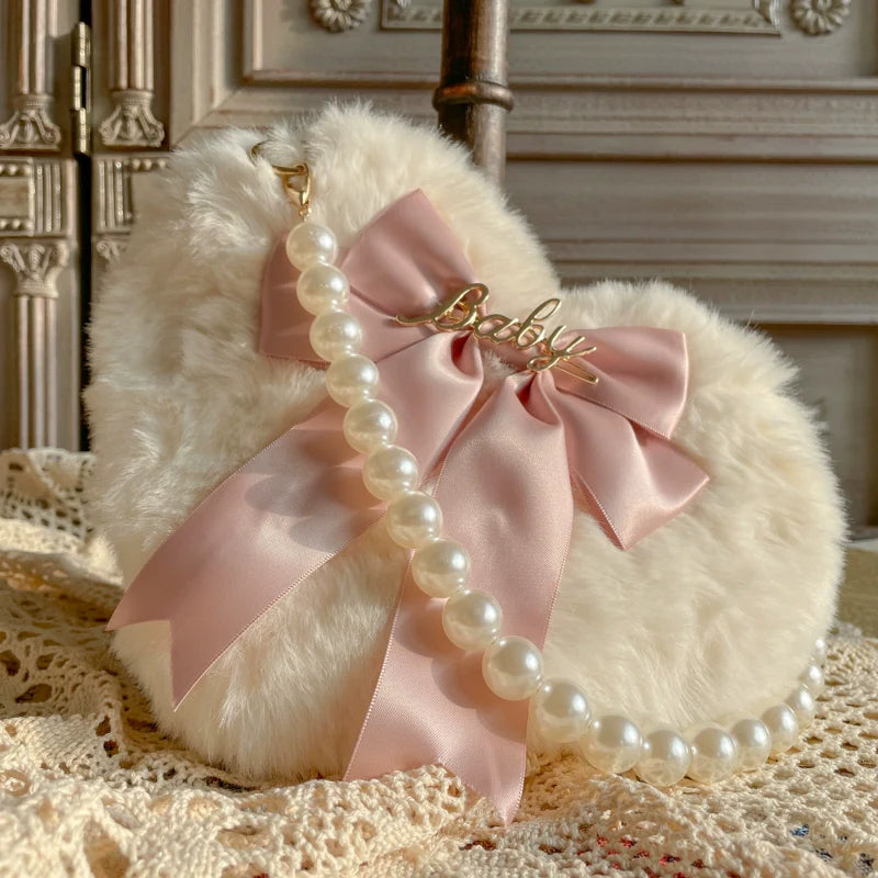 MAID - Kawaii Lolita Heart Bag Plush Pearl Chain Handbag