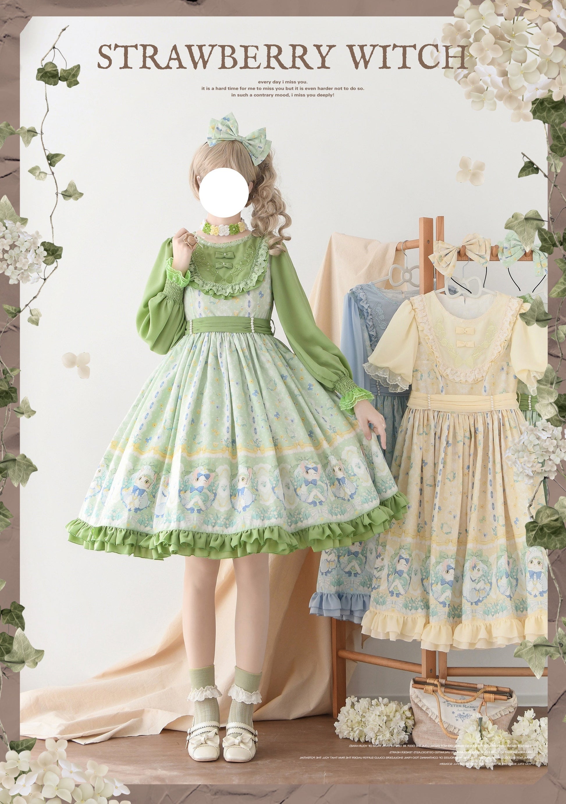Strawberry Witch - Lily of the Valley Kitten - Country Lolita OP with Embroidery and Cat Print