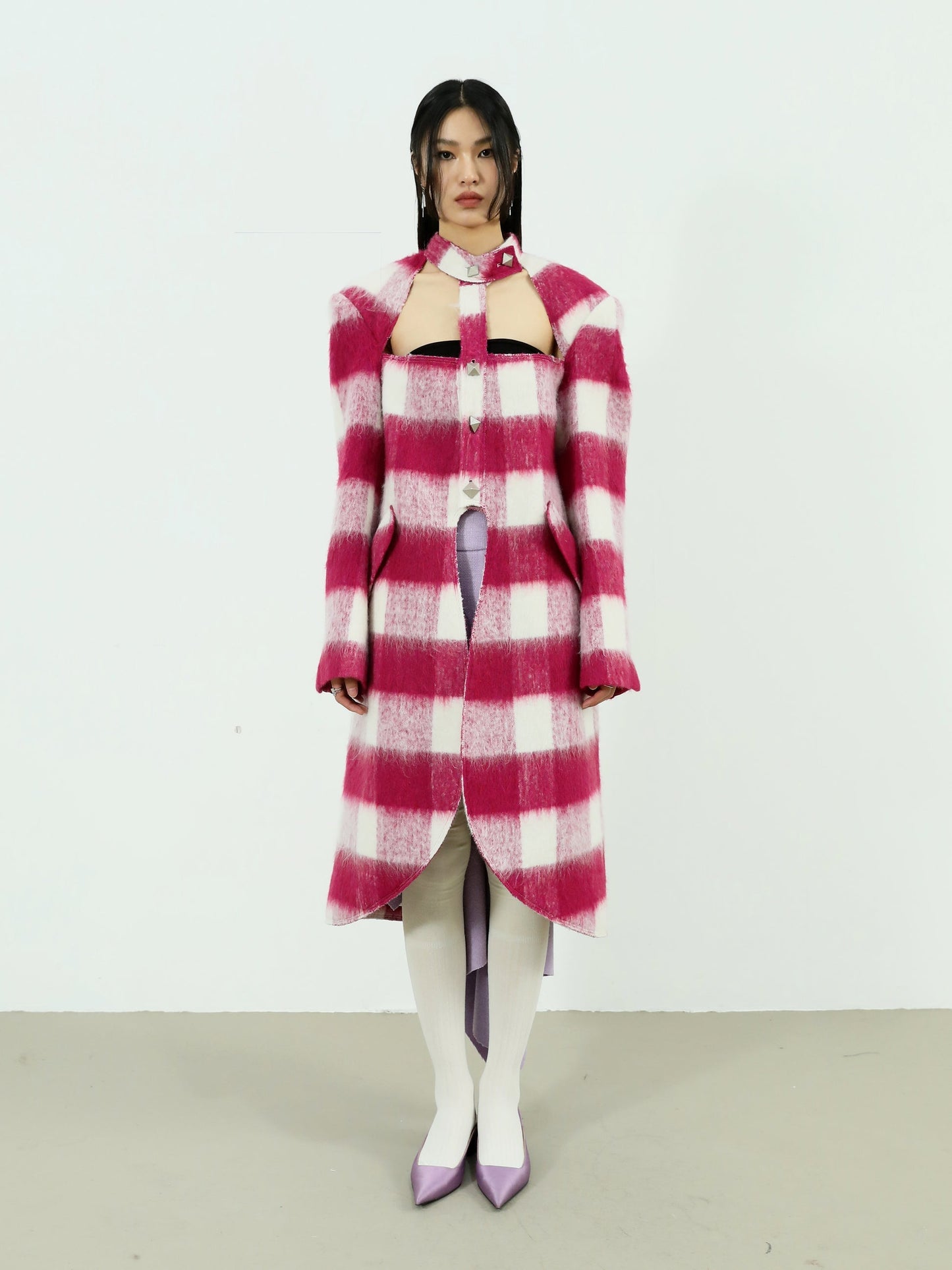 Hollow Strapless Plaid Woolen Coat