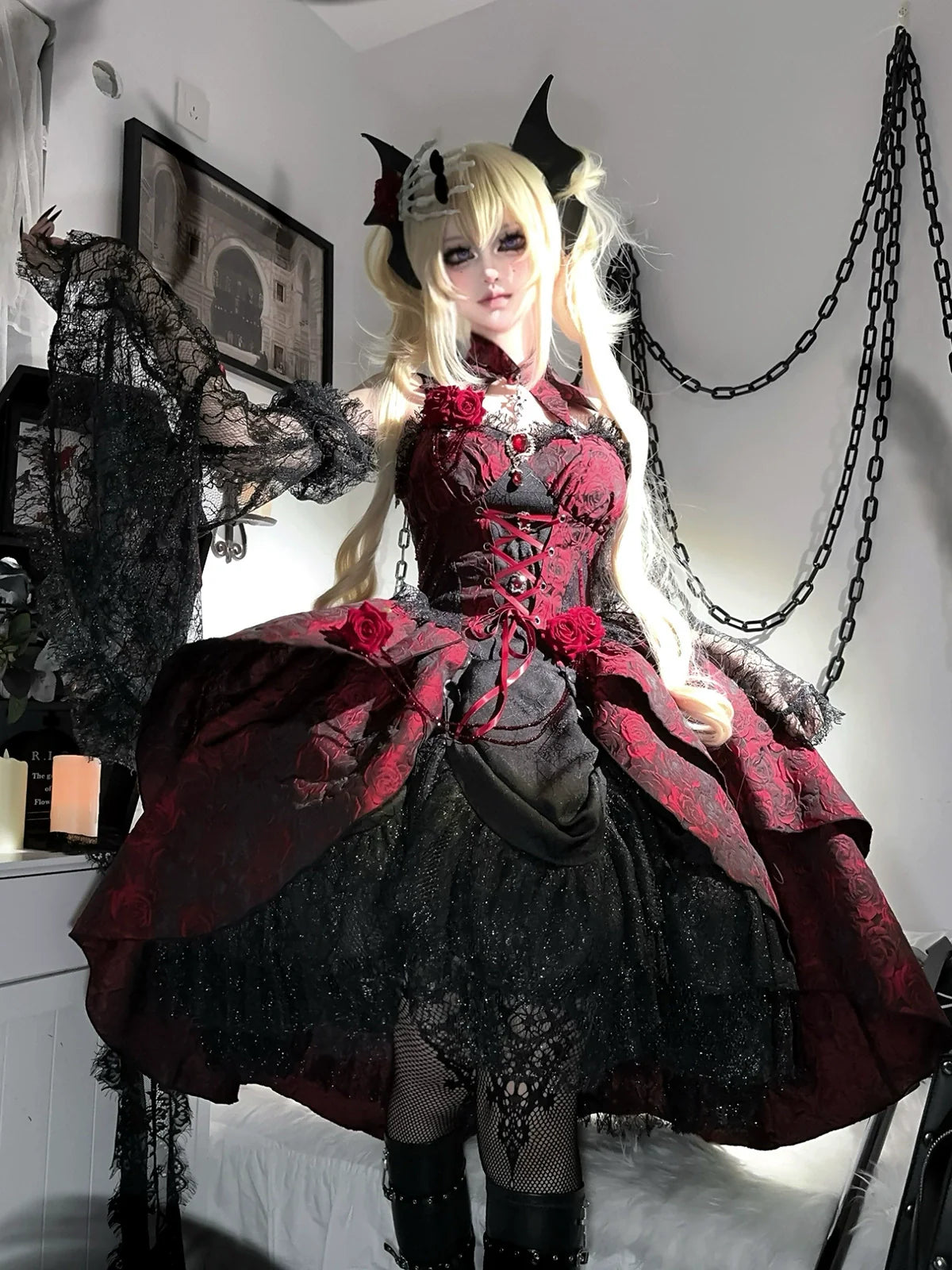 Cornfield Lolita - Rose Blood - Black Red Gothic Lolita JSK Jacquard Court Dress