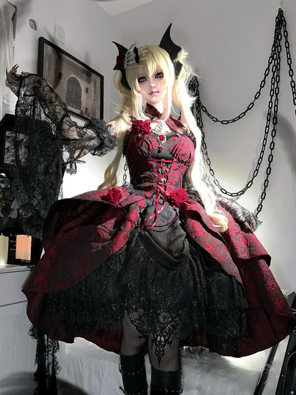 Cornfield Lolita - Rose Blood - Black Red Gothic Lolita JSK Jacquard Court Dress