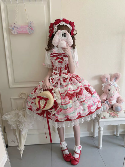 Hanguliang - Cherry Bake Song - Kawaii Lolita JSK Dress With Dessert Print & Cherry Bow