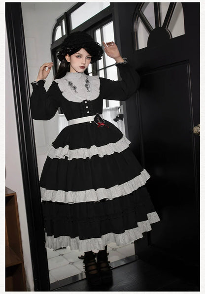 With PUJI - Castle Night - Gothic Twins Lolita OP Three-tiered Embroidery Dress