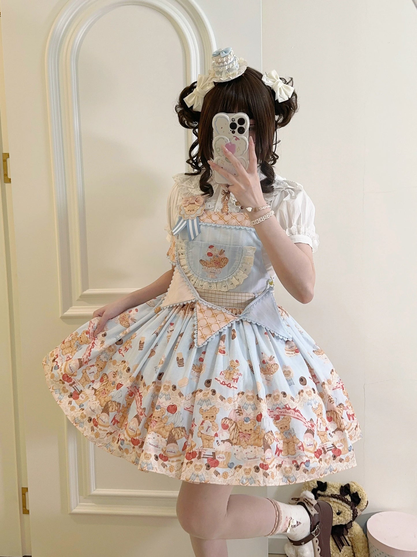 White Tea Story - Little Bear Bonny - Kawaii Lolita Salopette, Bear & Dessert Print