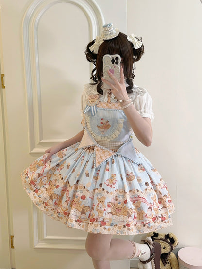 White Tea Story - Little Bear Bonny - Kawaii Lolita Salopette, Bear & Dessert Print