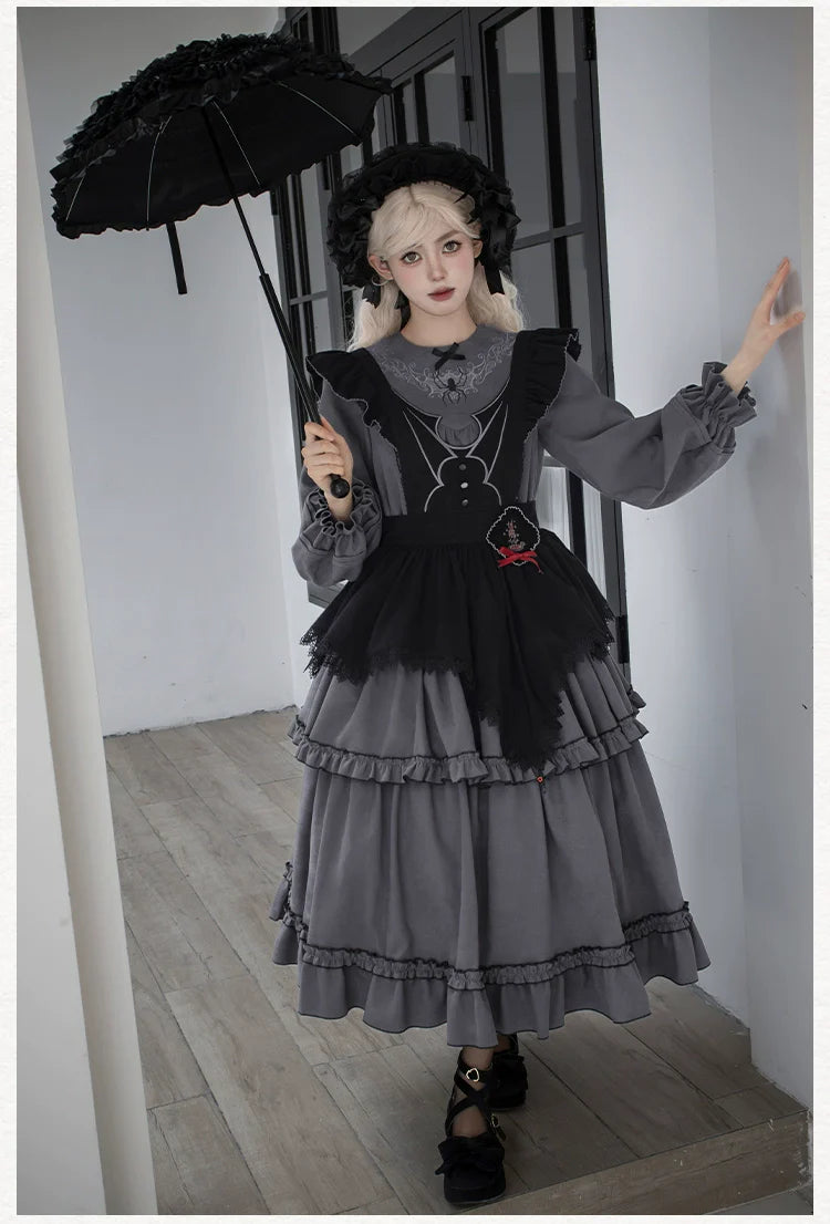 With PUJI - Castle Night - Gothic Twins Lolita OP Three-tiered Embroidery Dress