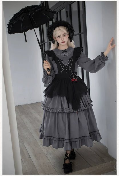 With PUJI - Castle Night - Gothic Twins Lolita OP Three-tiered Embroidery Dress