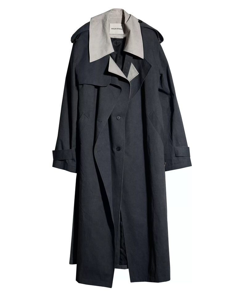 Long Bi-Color Big-Collar Ovresize Plain Trench-Coat