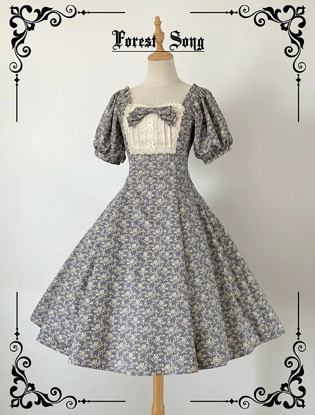 Forest Song - Pastoral Poem - Elegant Lolita OP Dress Floral Print 6-Piece Cut Lolita Dress