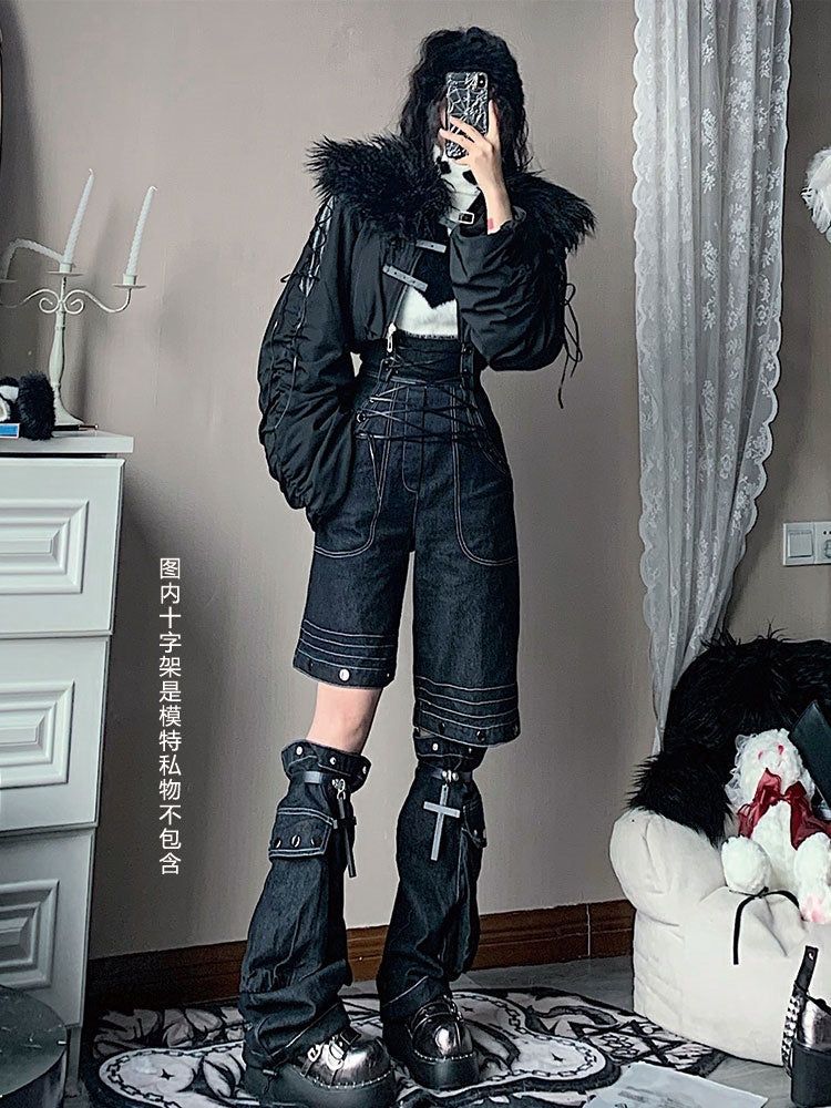 Lace-up style suspender jeans