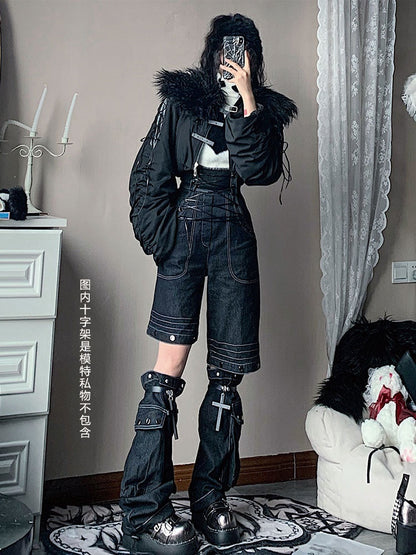 Lace-up style suspender jeans