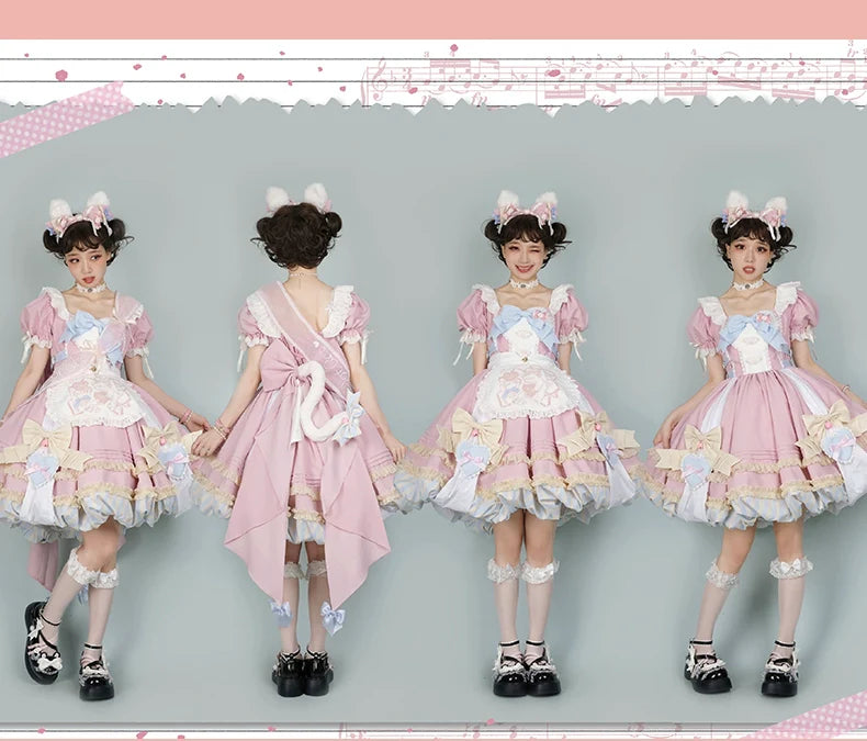 OCELOT - Sweet Lolita Pink Cat Tail OP Dress Set