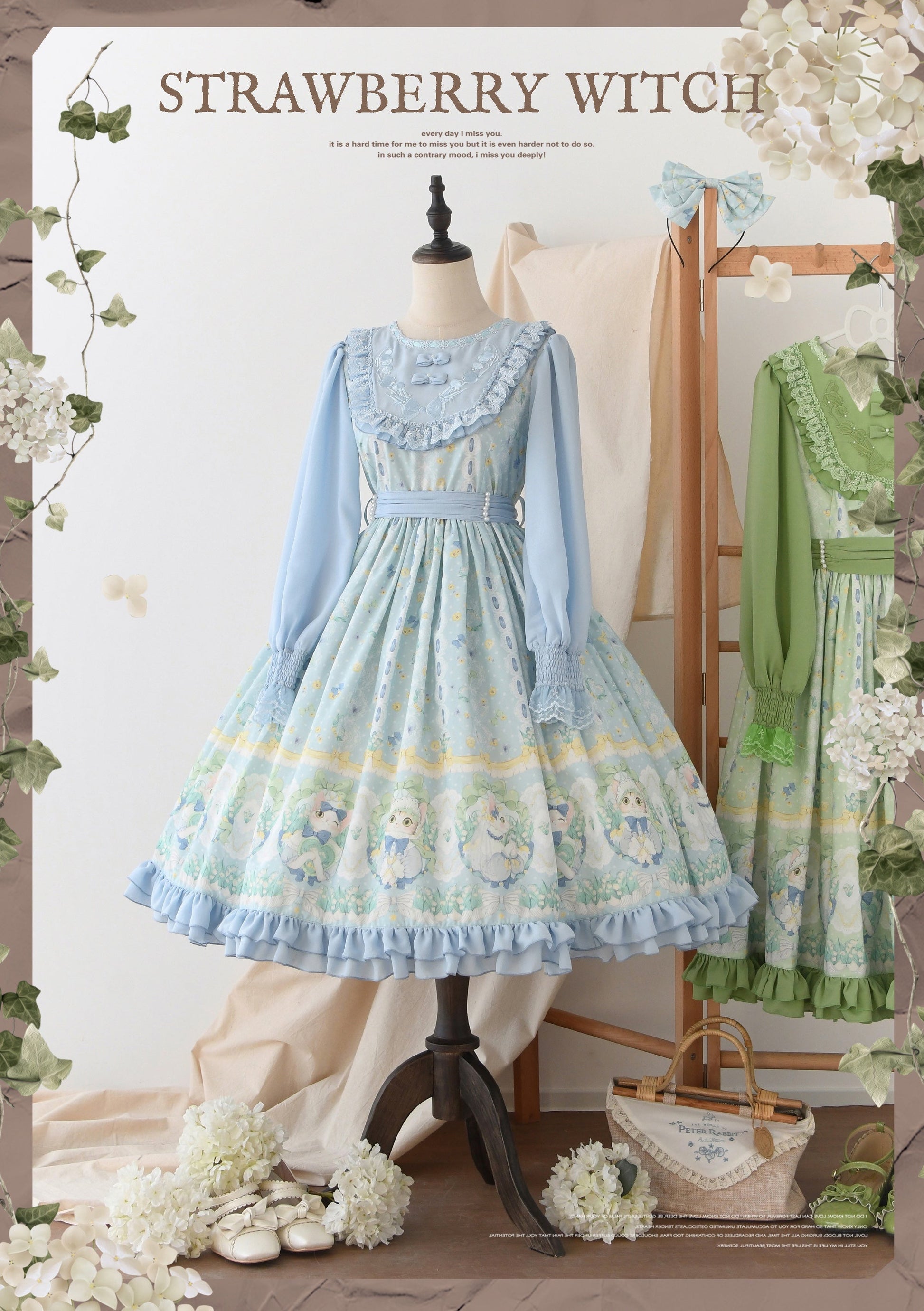 Strawberry Witch - Lily of the Valley Kitten - Country Lolita OP with Embroidery and Cat Print