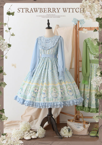 Strawberry Witch - Lily of the Valley Kitten - Country Lolita OP with Embroidery and Cat Print
