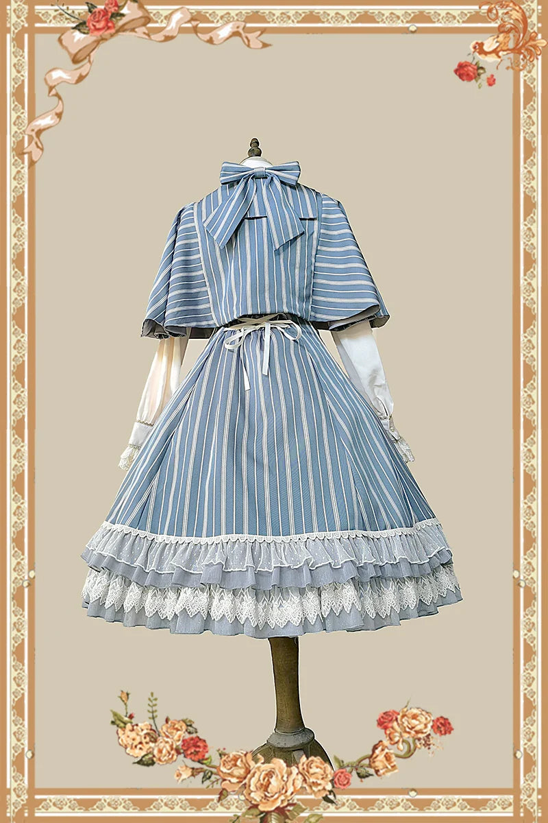 Infanta - Elegant Lolita Stripe High-waist Jumper Dress Set and Cape