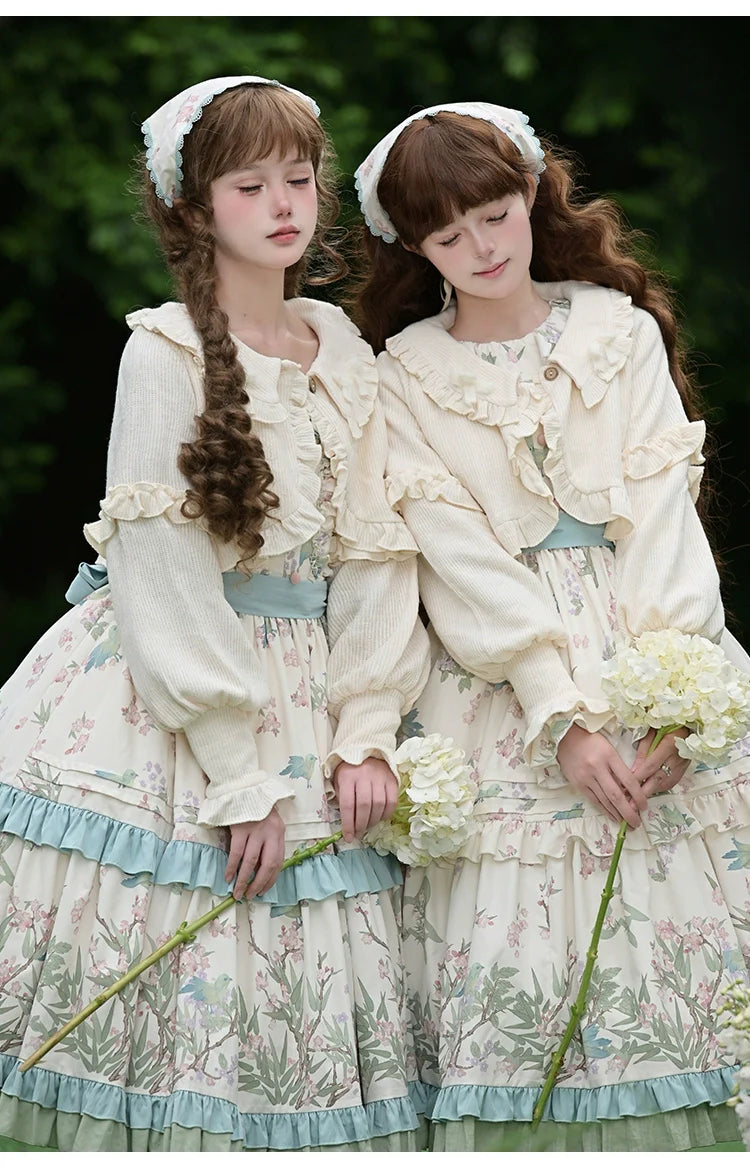 With PUJI - Oriole Time - Country Lolita JSK and OP Dress, Floral and Bird Print