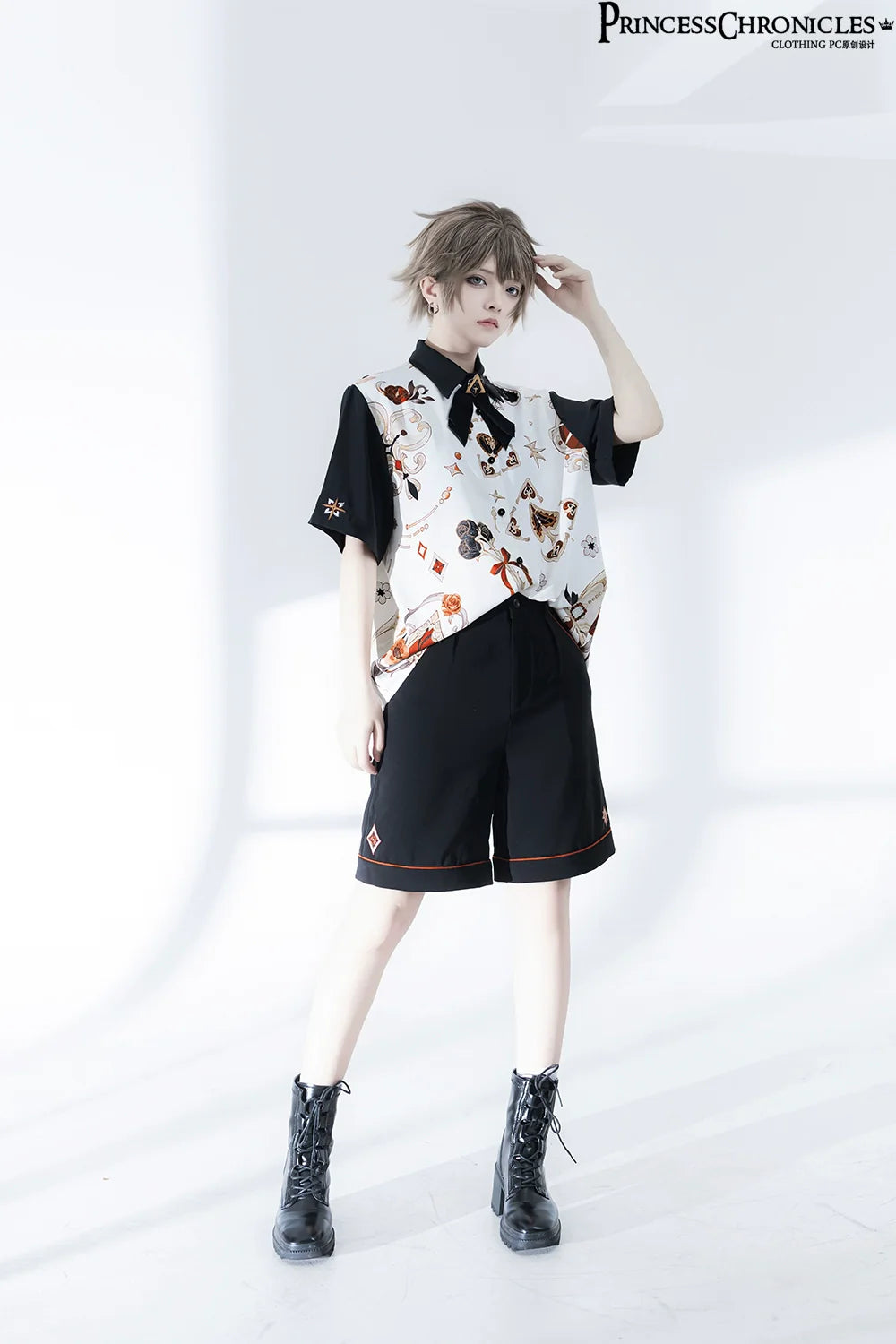 Princess Chronicles - Floral Intoxication - Retro Ouji Lolita Shirt Floral Short Sleeve Shirt and Embroidered Black Shorts