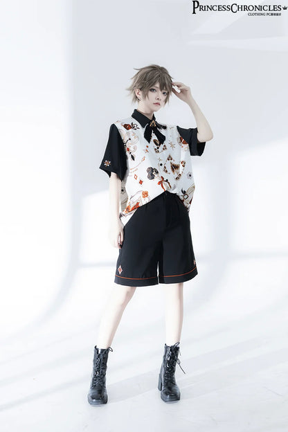 Princess Chronicles - Floral Intoxication - Retro Ouji Lolita Shirt Floral Short Sleeve Shirt and Embroidered Black Shorts