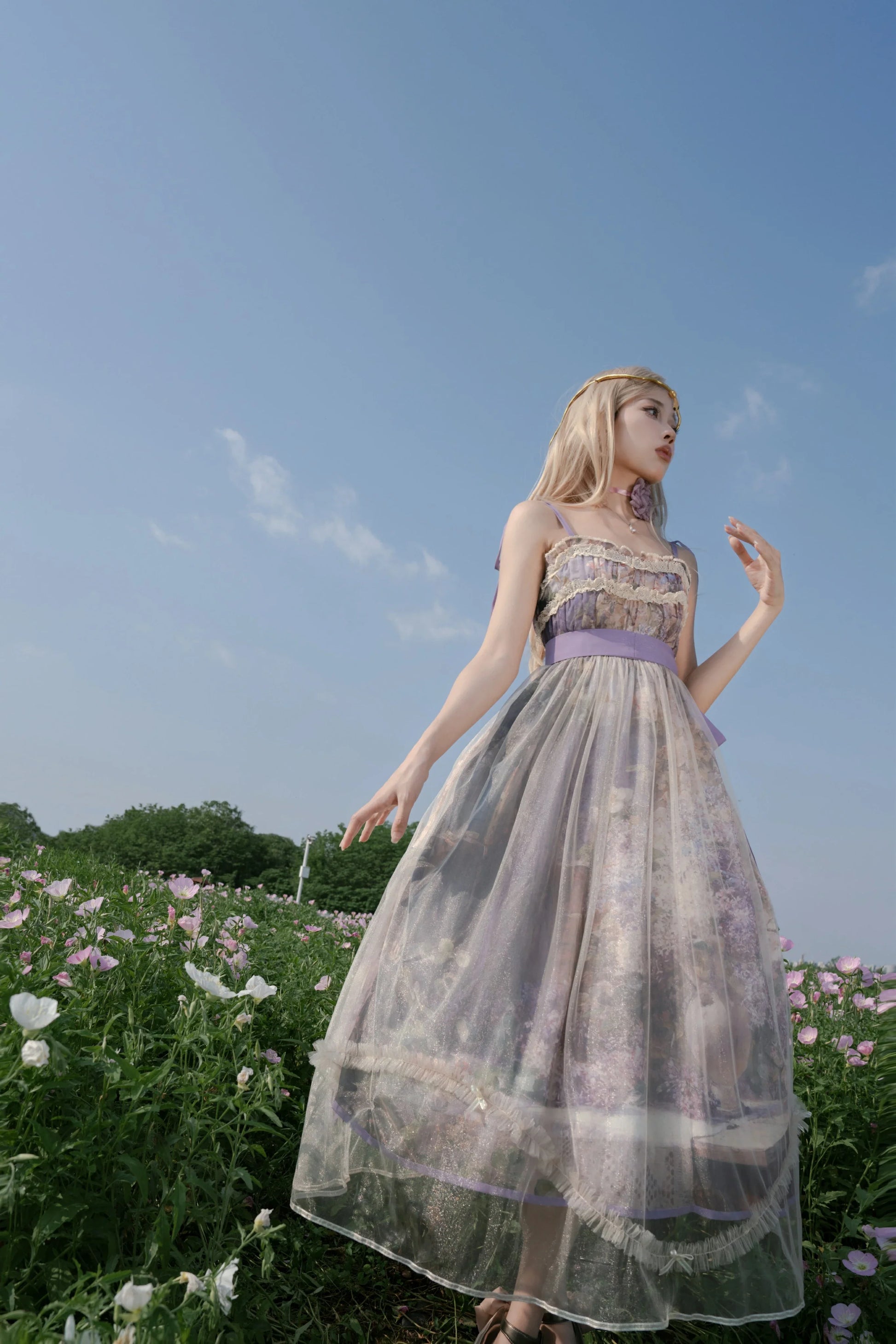 Cyan Lolita - Blooming Tree Shade - Sweet Lolita Strap JSK Bow Oil Painting Print Dress