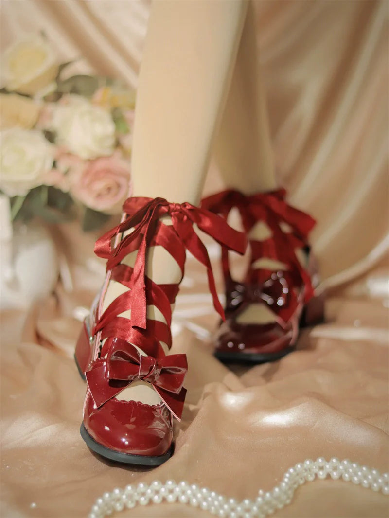MR.Qiutian - Muse Kiss - Elegant Lolita Shoes Lace-up Bow Heels Round Toe