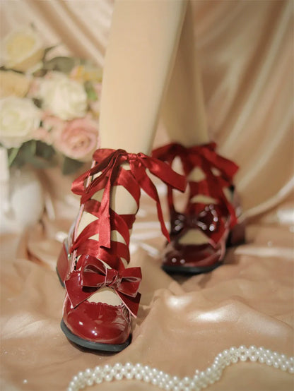 MR.Qiutian - Muse Kiss - Elegant Lolita Shoes Lace-up Bow Heels Round Toe