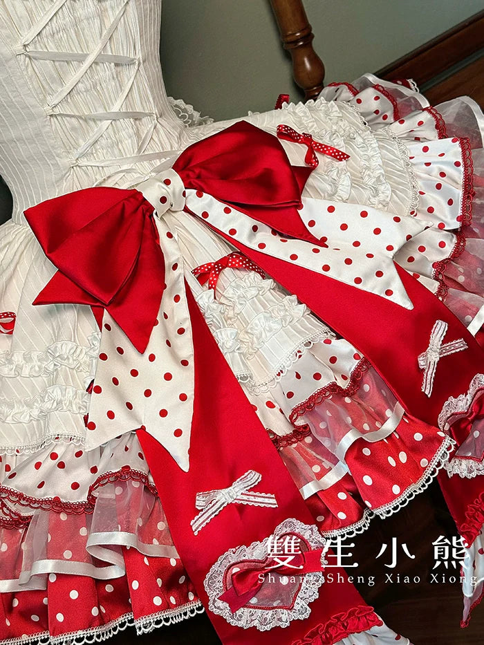 Shuang Sheng Xiao Xiong - Bite The Cake - Sweet Lolita Dress, Red & White Polka Dots