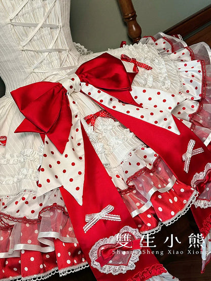 Shuang Sheng Xiao Xiong - Bite The Cake - Sweet Lolita Dress, Red & White Polka Dots