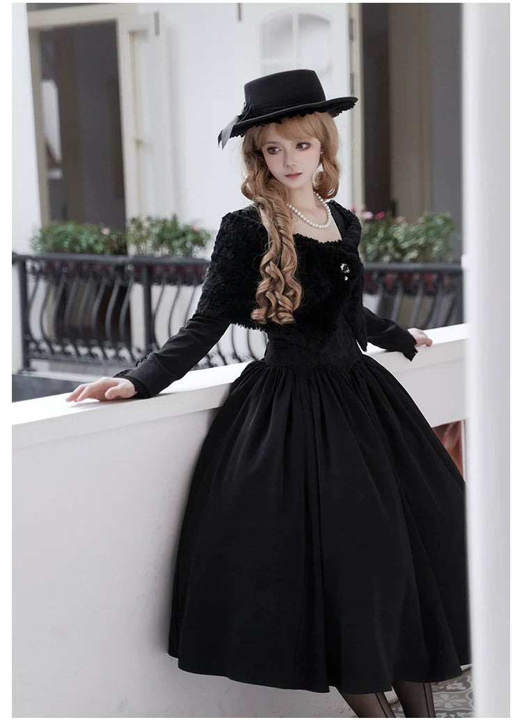 With PUJI - Old Testament - Classic Lolita Coat Black Plush Lolita Cape and Brooch