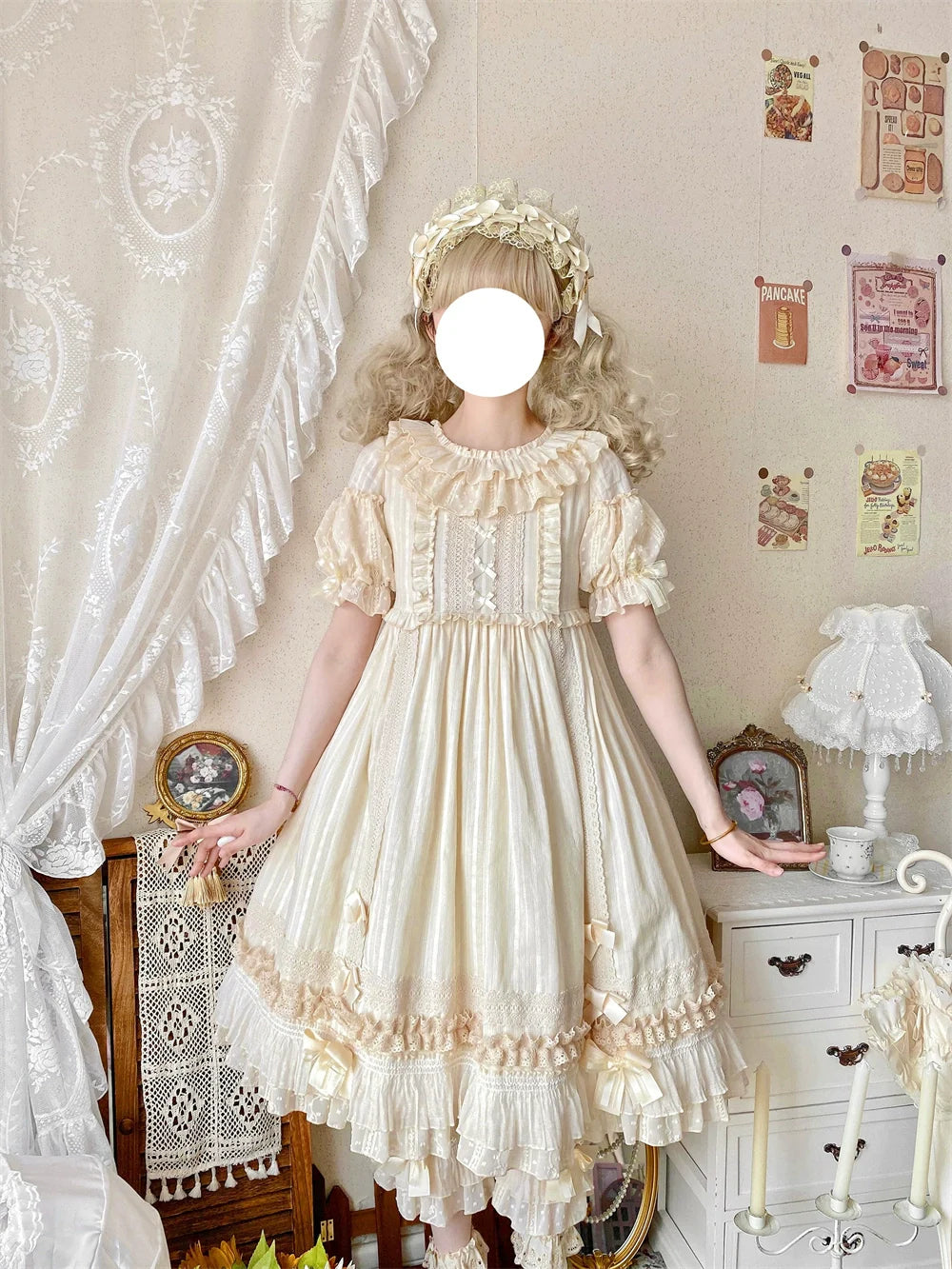 Ilovexiaolu - Meow Lullaby - Cotton Kawaii Lolita OP Dress with Removable Kitty Apron
