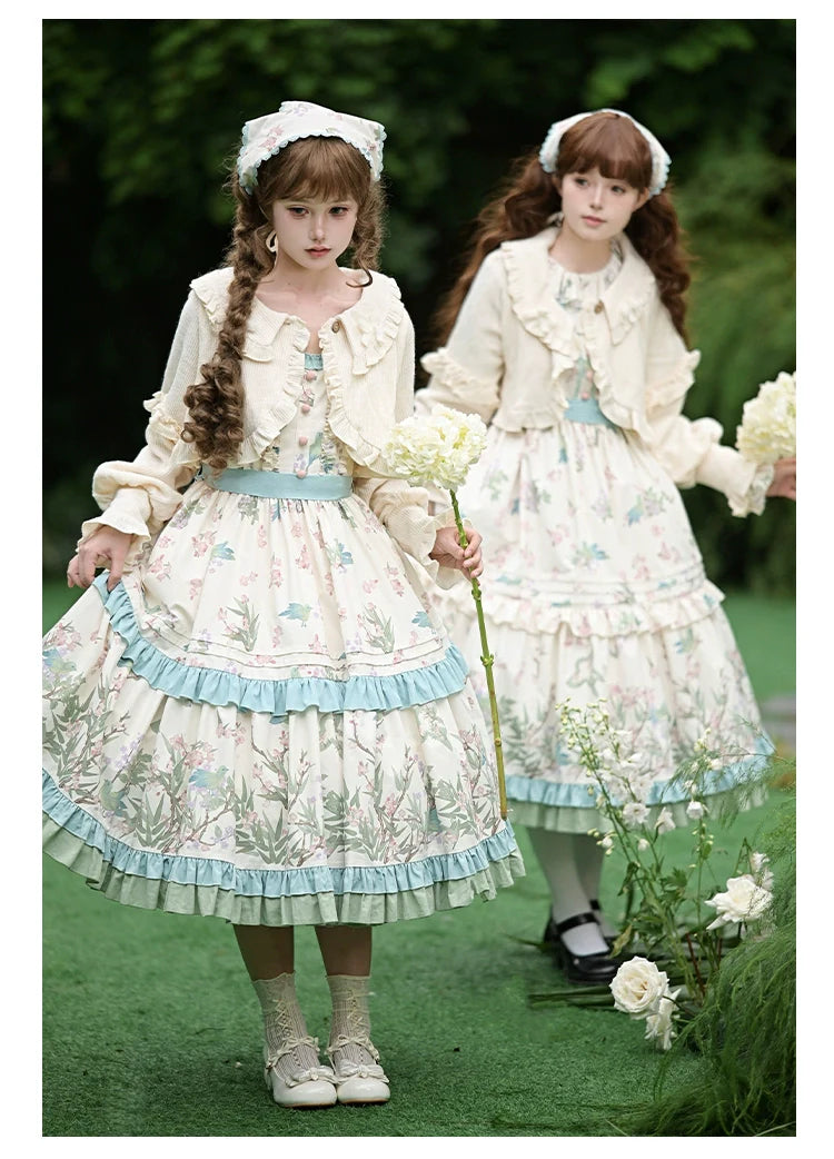 With PUJI - Oriole Time - Country Lolita JSK and OP Dress, Floral and Bird Print