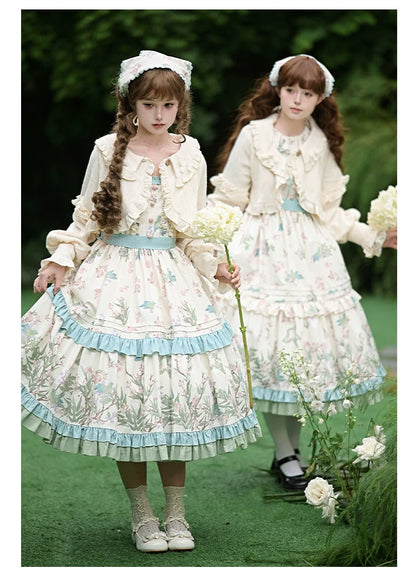 With PUJI - Oriole Time - Country Lolita JSK and OP Dress, Floral and Bird Print