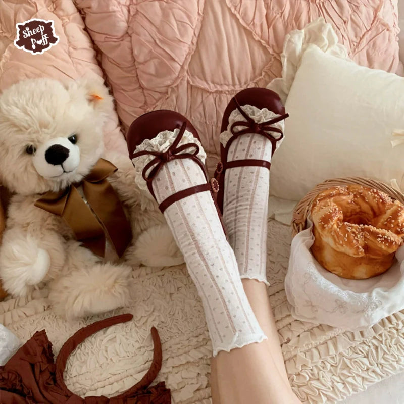 Sheep Puff - Young Layla - Vintage Lolita Shoes Low Heel Butterfly Shoes