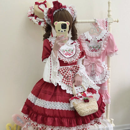 Sugar Girl - Strawberry Tea - Sweet Red Lolita OP Dress Short Sleeve Apron Dress
