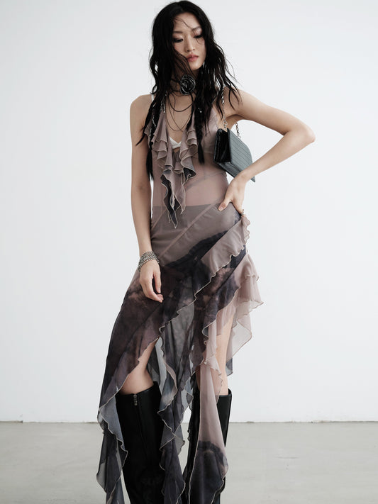 Dirty Smudge Print Irregular Chiffon Suspender Skirt