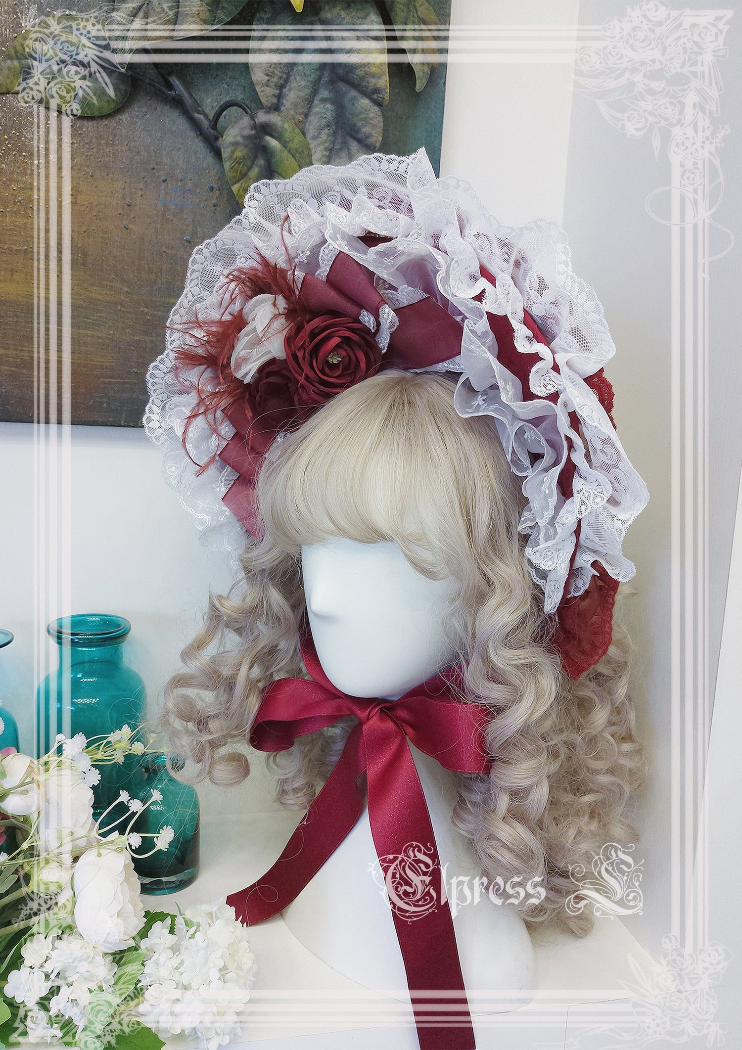 Elpress L - Christmas Flower Hairpins Lolita Mesh Veil KC Bonnet