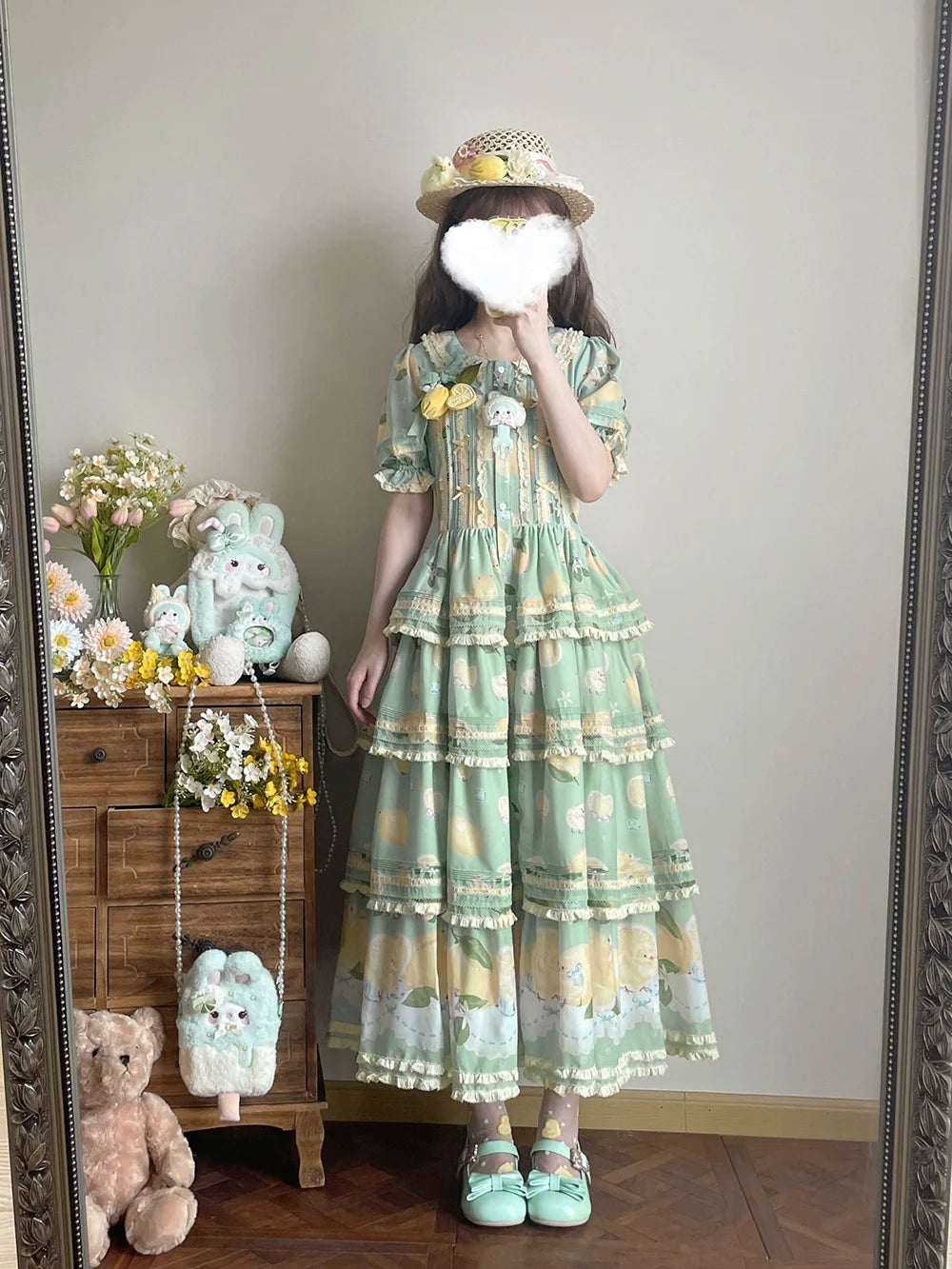 Miss Point - Lemon Chick - Country Lolita Printed OP With Button Front