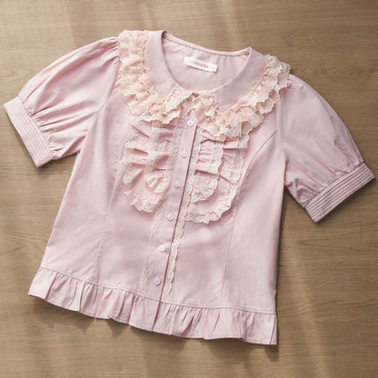 MIST - Semi-sweet Milk Cake - Sweet Lolita Short Sleeve Blouse with Lace Peter Pan Collar