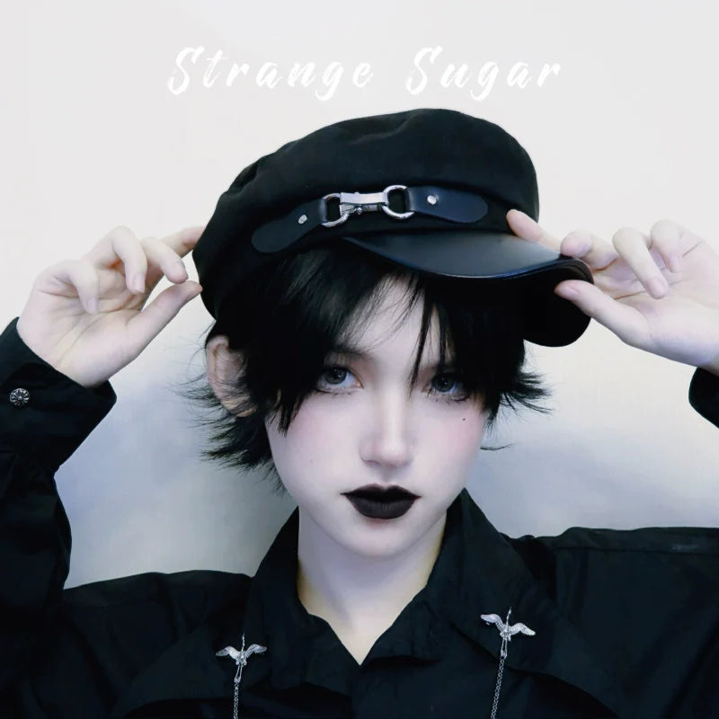 Strange Sugar - Gothic Lolita Hat Leather Buckle Lolita Newsboy Hat